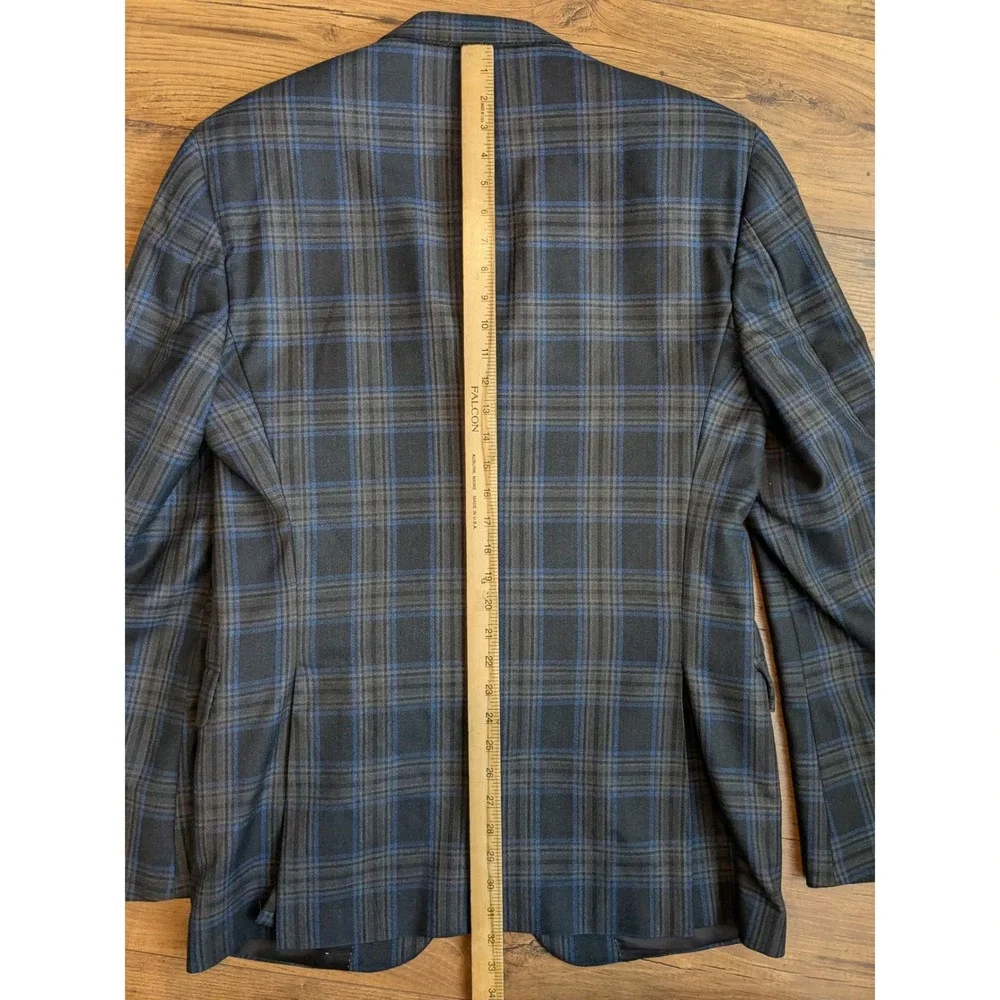 Peter Millar Plaid Sport Coat Blazer Men Charcoal Blue Wool Blend Two Button 44T